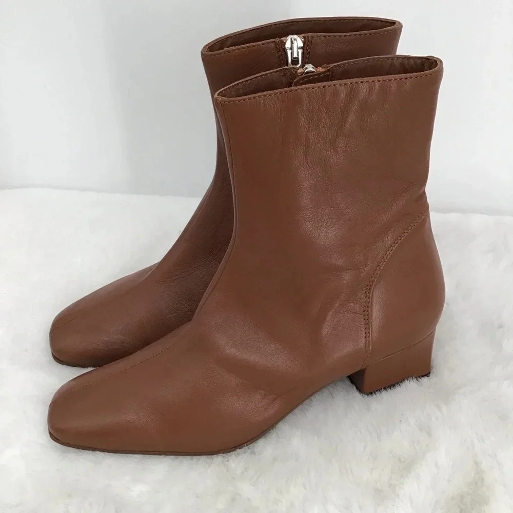 Aquatalia NWOT Selina Square Toe Leather Ankle Boots Cognac Size 8.5
